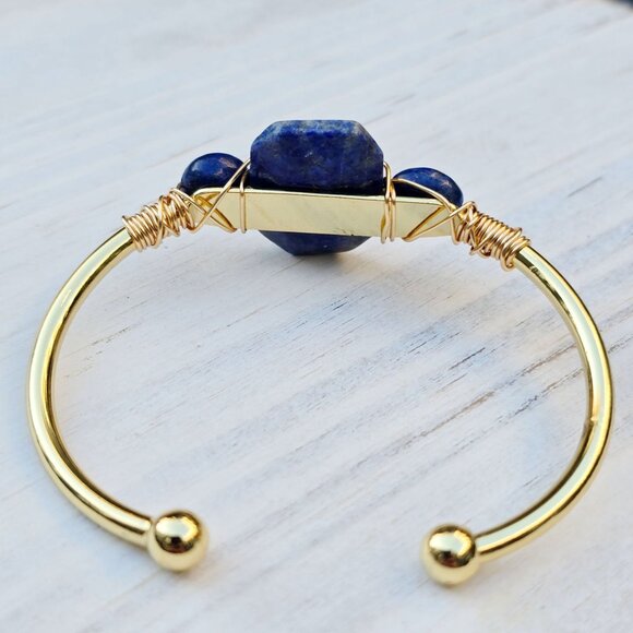 Lapis Lazuli Triple-Stone Wire Wrap Cuff – 14Kt Gold Over Copper – Handmade NWT - Picture 6 of 11